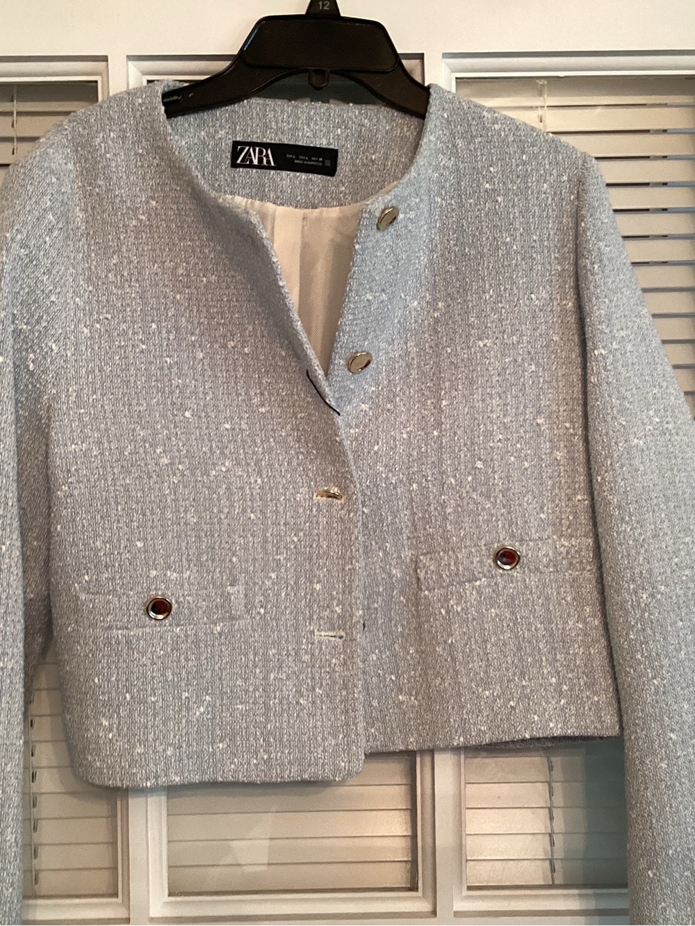 Zara Pale Gray Tweed Cropped Blazer with Gold-Tone Buttons